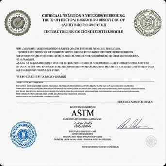 Официальный международный инженерный сертификат ASTM со сложными техническими эмблемами и подписями.